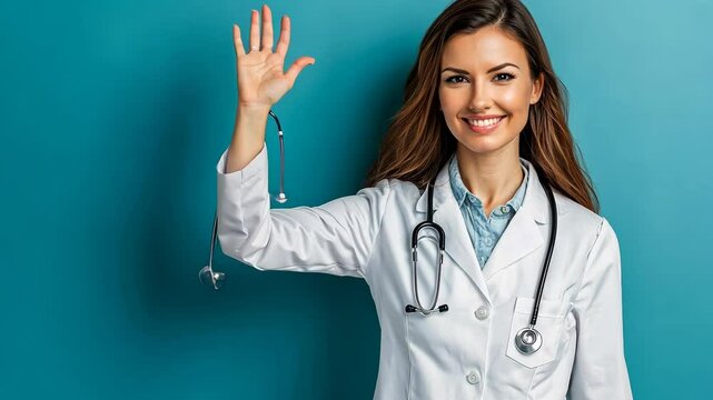 of charming nice woman therapist wear white doctor robe arm stop symbol empty space Video