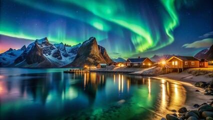 Aurora Borealis Over Lofoten Island Beach in Norway - Stunning Green Night Sky and Architectural Elements