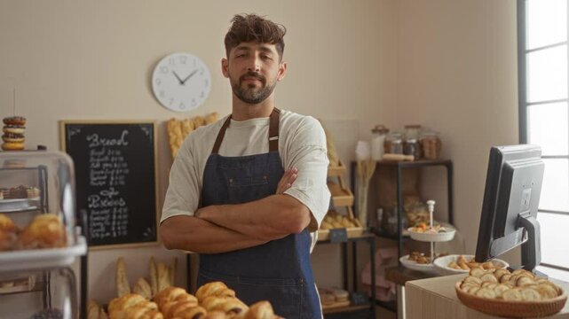 Young man in a bakery room indoors standing with arms crossed wearing an apron surrounded by fresh bread and pastries