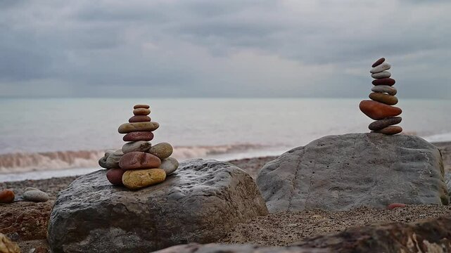 Pair of apachetas, stone cairns by the sea on a reddish autumn afternoon, Spain