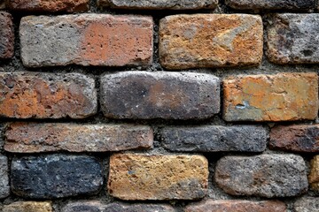Fototapeta premium Close-up of Weathered Brick Wall with Irregular Mortar Joints