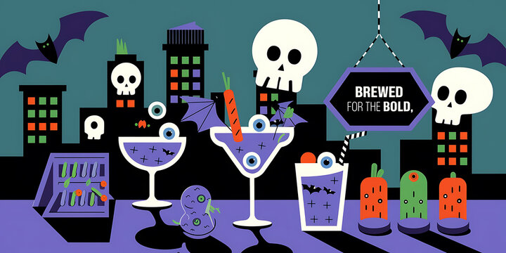 Halloween cocktails with purple and green color scheme  bold spooky drinks for a festive celebration   