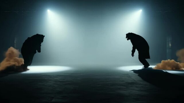 Two monsters are fighting in a boxing ring. The fight is intense and the monsters are both trying to win. This is the concept of a man's inner struggle.