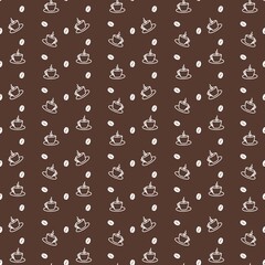 Coffee dark seamless pattern with cups and coffee beans on a brown background. Ideal for cafe design, packaging and textiles, as well as for coffee themed decor