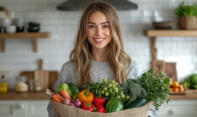 Smiling woman standing in a modern kitchen holding a paper bag filled with fresh vegetables and fruits including oranges and kale