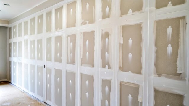 A wall with a patterned drywall and white caulk, currently in progress before being painted.