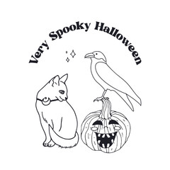 Card or poster with cute Halloween witchy black cat and crow sitting on top of pumpkin. Greeting text Very Spooky Halloween
