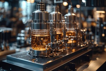 Close-up of Industrial Brewing Equipment with Golden Liquid