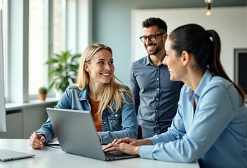 Obraz premium Team Meeting in the Office: Business Growth through Communication and Collaboration with Smiling Faces