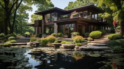 Obraz premium Modern House with Pond and Garden
