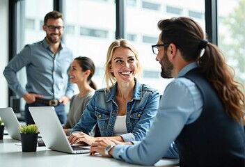 Team Meeting in the Office: Business Growth through Communication and Collaboration with Smiling Faces
