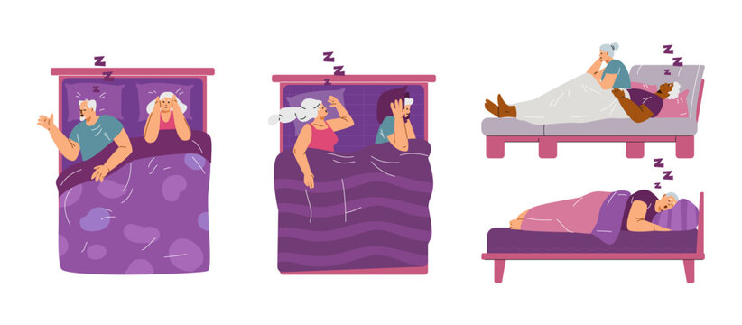 Couple in bed at night vector set, annoyed person suffering from insomnia because of snoring husband, wife, bad sleep