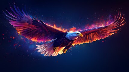 Fototapeta premium A majestic bald eagle with colorful wings spread wide in flight, surrounded by a fiery glow against a dark blue background.
