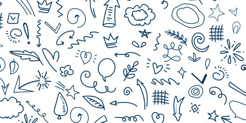 Color isolated illustration. Hand drawn blue lines flat arrow icons set. Various textures and shapes.