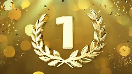 winner place confetti one design medal symbol celebration 1st laurel wreath number gold festive trophy Golden background first award success succeed champion achievement prize best sport victory ribb