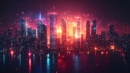 Obraz premium neon cityscape with glowing lights and reflections in water
