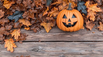 Autumn Pumpkin on Wooden Background with Fall Leaves for Halloween Decoration