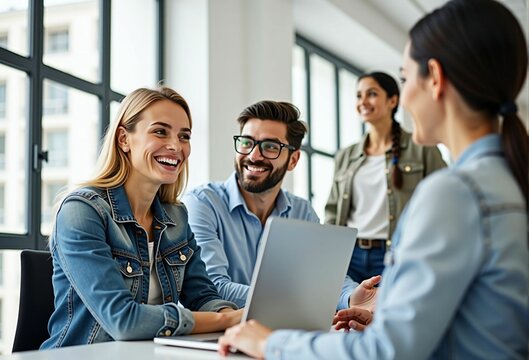 Teamwork and Collaboration: New Business Ideas Emerging from a Smiling Meeting in the Office
