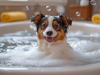 Pets enjoying a bubble bath in a bathtub with grooming tools and shampoo. Highlighting fun and cleanliness, ideal for pet grooming salons and pet care tutorials.