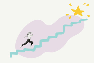 Creative poster collage young woman run upwards upstairs achieve goal accomplish dream reach top ladder motivation inspiration