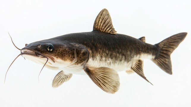 Wels Catfish known scientifically Silurus glanis displays its distinctive features and graceful form in sharp detail on a white background highlighting its aquatic beauty.
