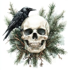 Fototapeta premium A raven perched on a skull surrounded by pine branches, creating a stark, haunting contrast of life and death in a natural setting.