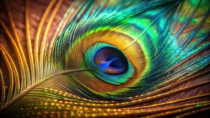 A Detailed Macro View of a Peacock Feather Showcasing its Vivid Hues and Intricate Patterns