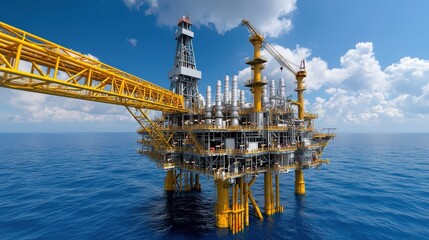 Offshore Oil Rig Platform in Blue Ocean at Dusk with Sunset Sky