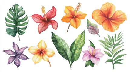 A collection of vibrant tropical flowers and green leaves, illustrated in watercolor, isolated on a white background for creative designs.