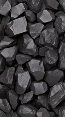 Close-up texture of asphalt road showcasing black tarmac and small stones against a grey background in bright daylight