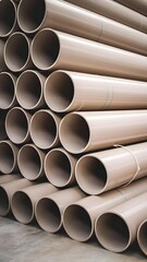 A photo of a pile of PVC pipes. The pipes are beige and have a diameter of around 3 inches. They are stacked on top of each other, forming a pyramid shape. The background is a concrete floor.