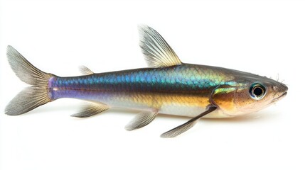 iridescent shark catfish displays its striking colors and elongated body against a white backdrop highlighting its distinctive features and beauty.