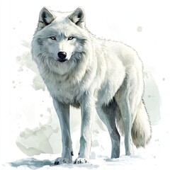 Obraz premium A majestic white wolf stands confidently on a snowy landscape, showcasing its powerful form and piercing gaze.