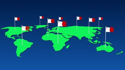 Malta national flag fly on earth map