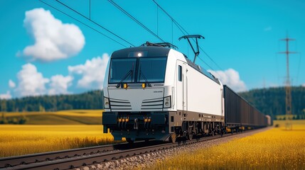 Obraz premium Electric train traversing a scenic landscape under a bright blue sky.