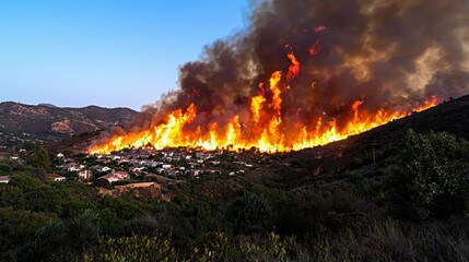 Wildfire Burning Down a Hillside with Houses in Foreground