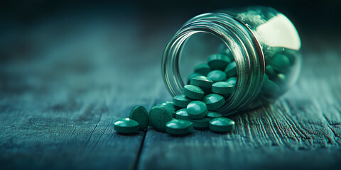 medicine bottle with overflowing pills, medical pills, healthcare essentials, pill therapy, treatment care, pharmaceuticals and care