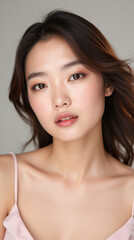 Obraz premium Elegant Portrait of Asian Female Model on Neutral Background for Beauty and Skincare Campaigns