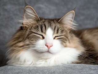 A relaxed cat with closed eyes rests peacefully against a soft background, showcasing its fluffy fur and serene demeanor.