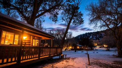 Obraz premium Cozy cabin with glowing windows and snow-covered ground at dusk.