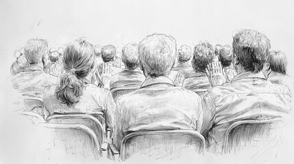 A group of people applauding from behind, seated in rows, captured in black and white, representing appreciation, unity, and participation in an event.