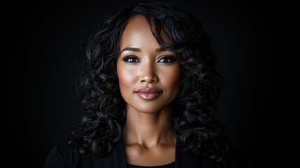 Fototapeta premium Confident Black Woman Portrait Studio Lighting Black Background Curly Hair