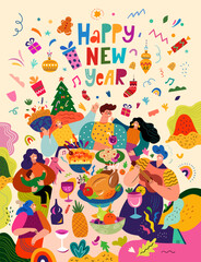 Fototapeta premium Happy New Year vector illustration. Happy people in a friendly company celebrate the New Year. Traditional holiday dinner in the family circle. Holiday New Year party. Christmas decorative banner 