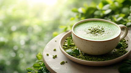 Green matcha latte in a smooth white ceramic cup on a minimalistic beige plate, setting conveys serenity with soft, diffused sunlight pouring in from the left, casting gentle highlights....