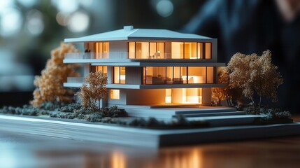 real estate banker presenting a house model to clients creating an engaging scenario of negotiation and agreement in a modern office space emphasizing professionalism and trust