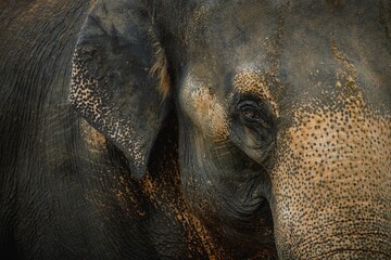 Close-up of an Asian elephant's textured skin and eye