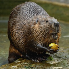 Beaver holding a pear on a rock by the water