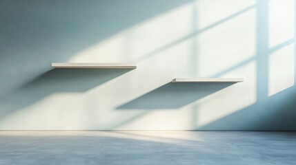 Minimalist interior space, pristine surfaces, elegant floating shelves, subtle wall gradient, serene and spacious ambiance
