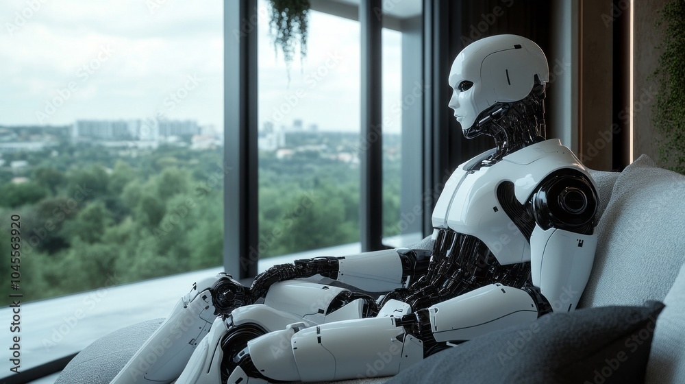 Poster a robot is sitting on a bed in front of a window