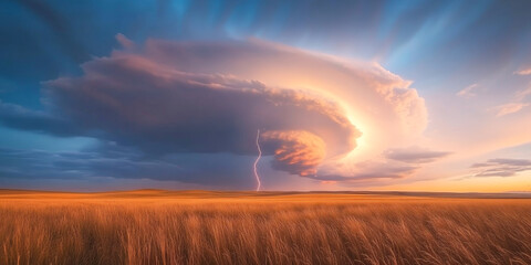 Lightning storm in a field with tornado forming
